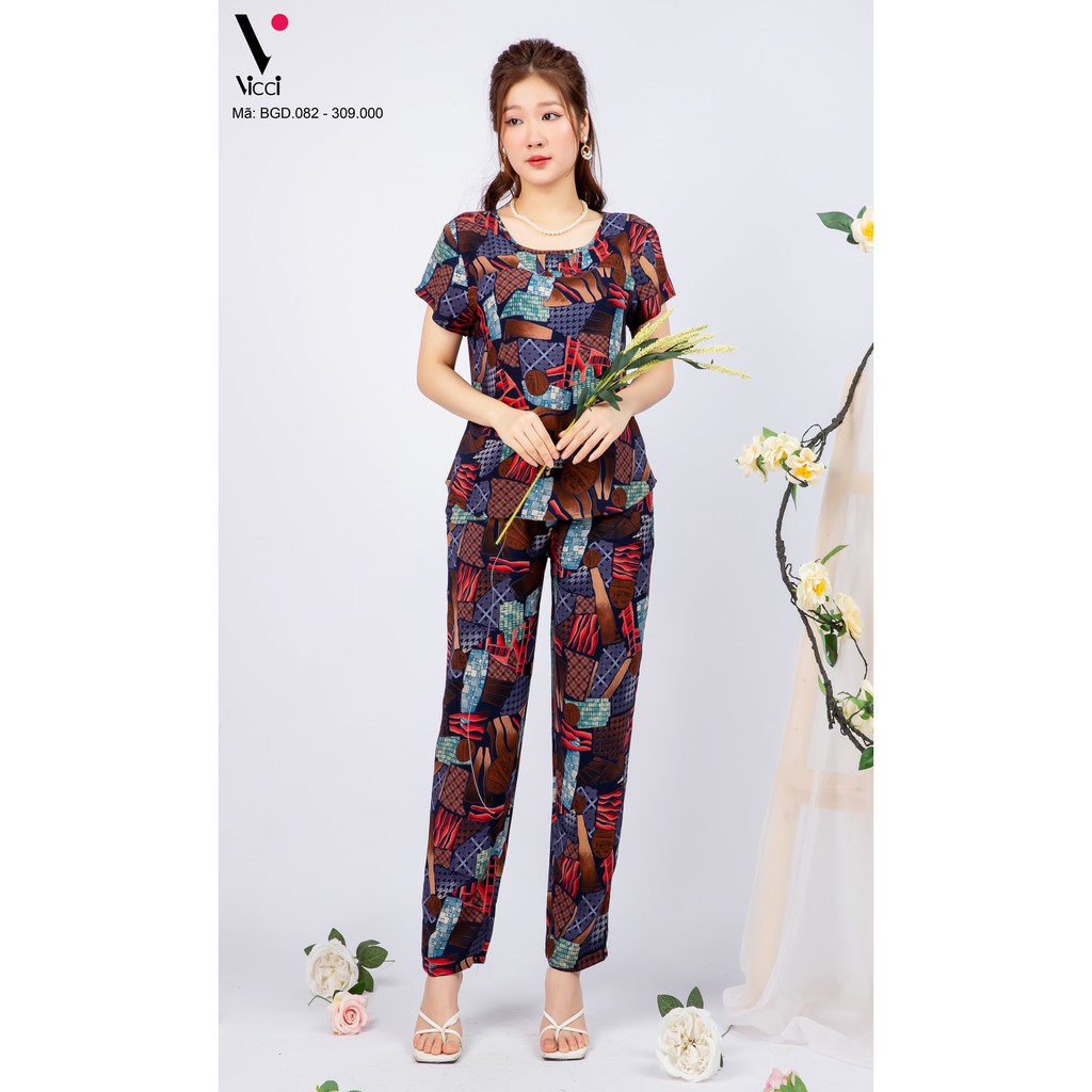 Bộ đồ mặc nhà trung niên lanh nhung Vicci áo cộc,quần dài BGDM.082