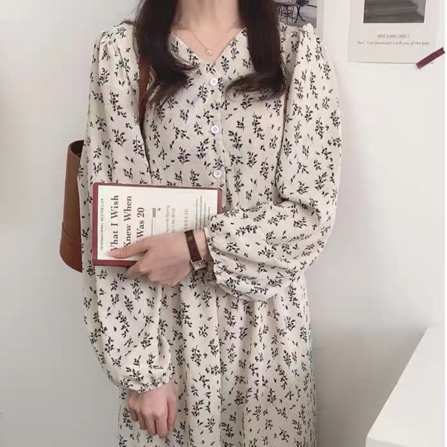 Váy Hoa Nhí Vintage Babydoll Dài Tay Cổ V