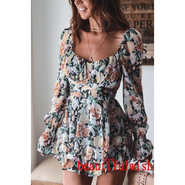 BEAUTIFULWISH-Women’s Sexy Square Collar Backless Jumpsuit Fashion Flower Bandage High Waist Long Sleeve Playsuit | BigBuy360 - bigbuy360.vn