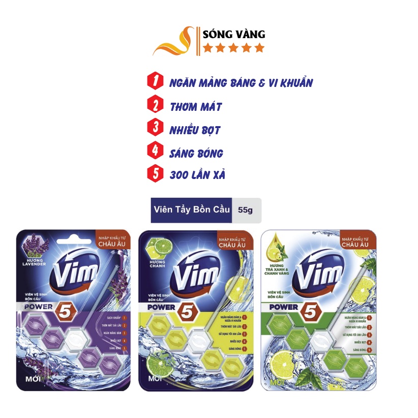 Viên tẩy bồn cầu Vim power 5 sạch khuẩn thơm mát 55g ( hương chanh, oải hương, trà xanh, biển xanh)