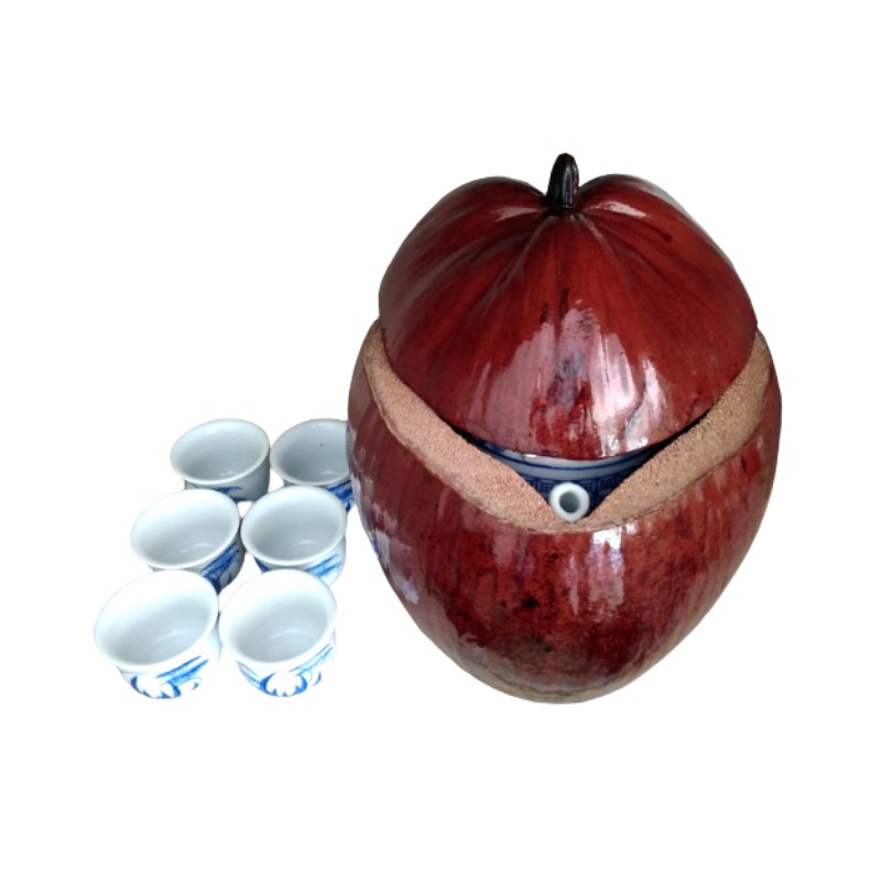 Trọn Bộ Vỏ Giữ Ấm Bình Trà Trái Dừa Sơn Bóng Màu Nâu Đỏ - Bình Trà 850 - 1000ml