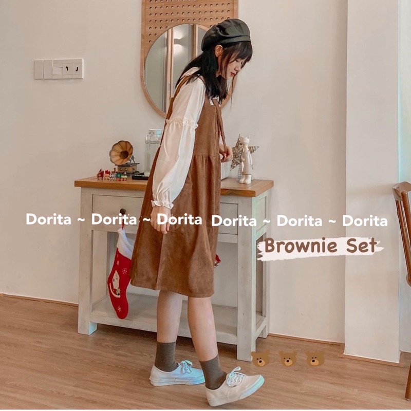[Ảnh thật/Video] Set yếm nhung vintage dáng babydoll kèm áo cổ sen, Đầm yếm nhung Ulzzang - Dorita Boutique