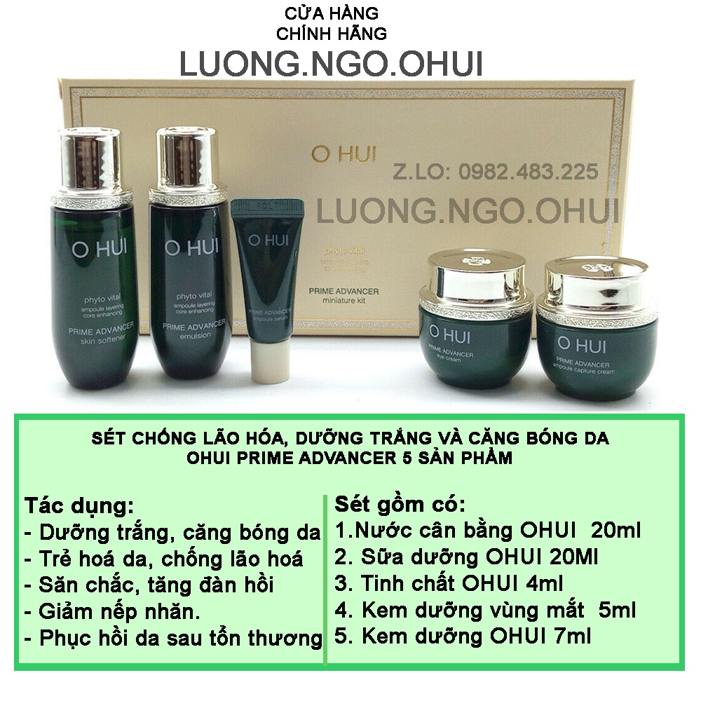 Set dưỡng trắng căng bóng da và chống lão hóa Ohui Prime Advancer Ampoule mini 5 sản phẩm.