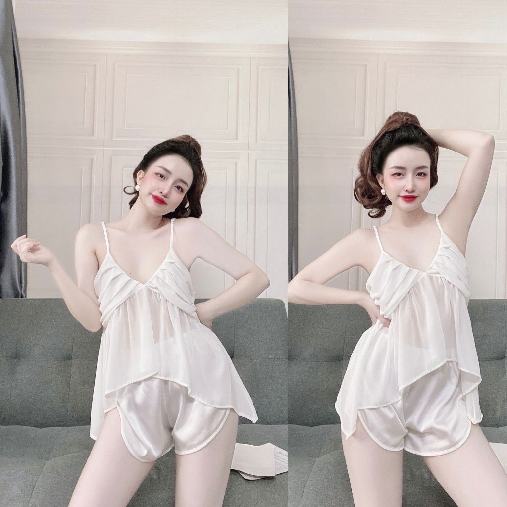 Đồ ngủ nữ❣️FREE SHIP❣️Đồ ngủ BIGSIZE lụa Chiffon phối Satin cao cấp mềm mại xinh xắn < 70kg | BigBuy360 - bigbuy360.vn