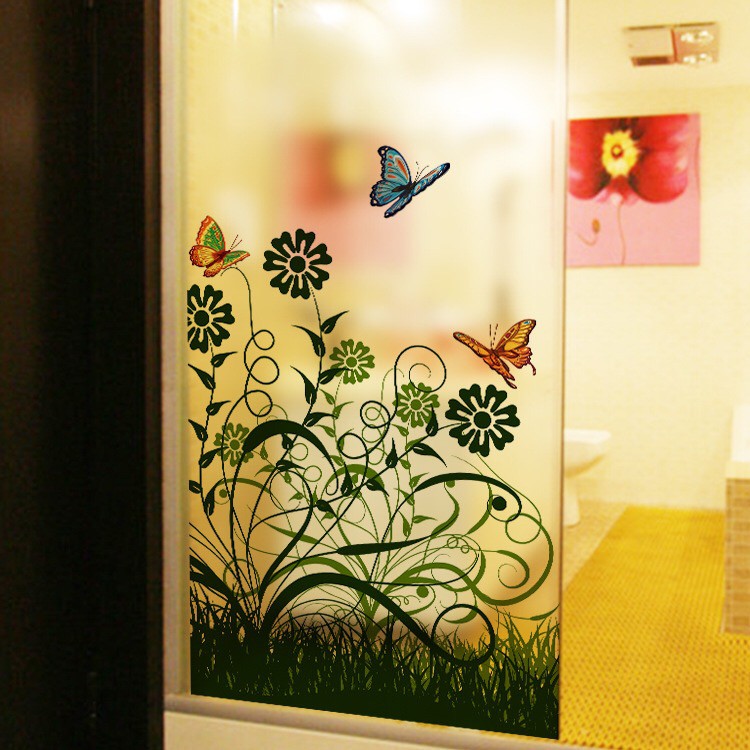 Decal dán kính cao cấp - Cỏ Hoa Xanh Lá và Bướm ( 60x116 )