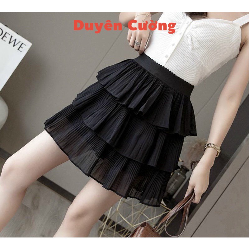 Chân váy xếp ly 3 tầng xòe chất voan mềm có quần trong kèm ảnh thật