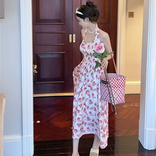 Jiashucheng Đầm Midi Hai Dây Họa Tiết Hoa Phong Cách Retro Pháp