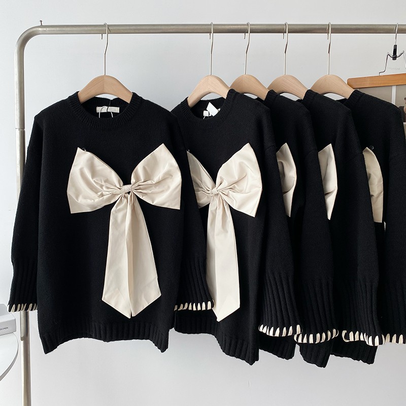 Áo len dáng rộng/ đầm dệt kim đính nơ kiểu Hàn Quốc dễ thương