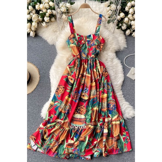 Váy đầm hoa maxi 2 dây đi biển đi chơi hở lưng dáng dài rộng bigsize bikini kiểu sang chảnh Hàn Quốc DK7T503