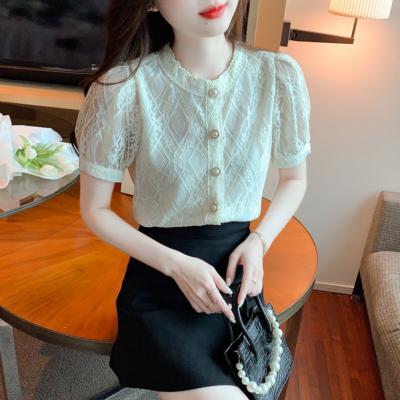 Áo Kiểu Tay Phồng Ngắn Cổ Tròn Phối Ren Đơn Giản Thời Trang Mùa Hè Cho Nữ