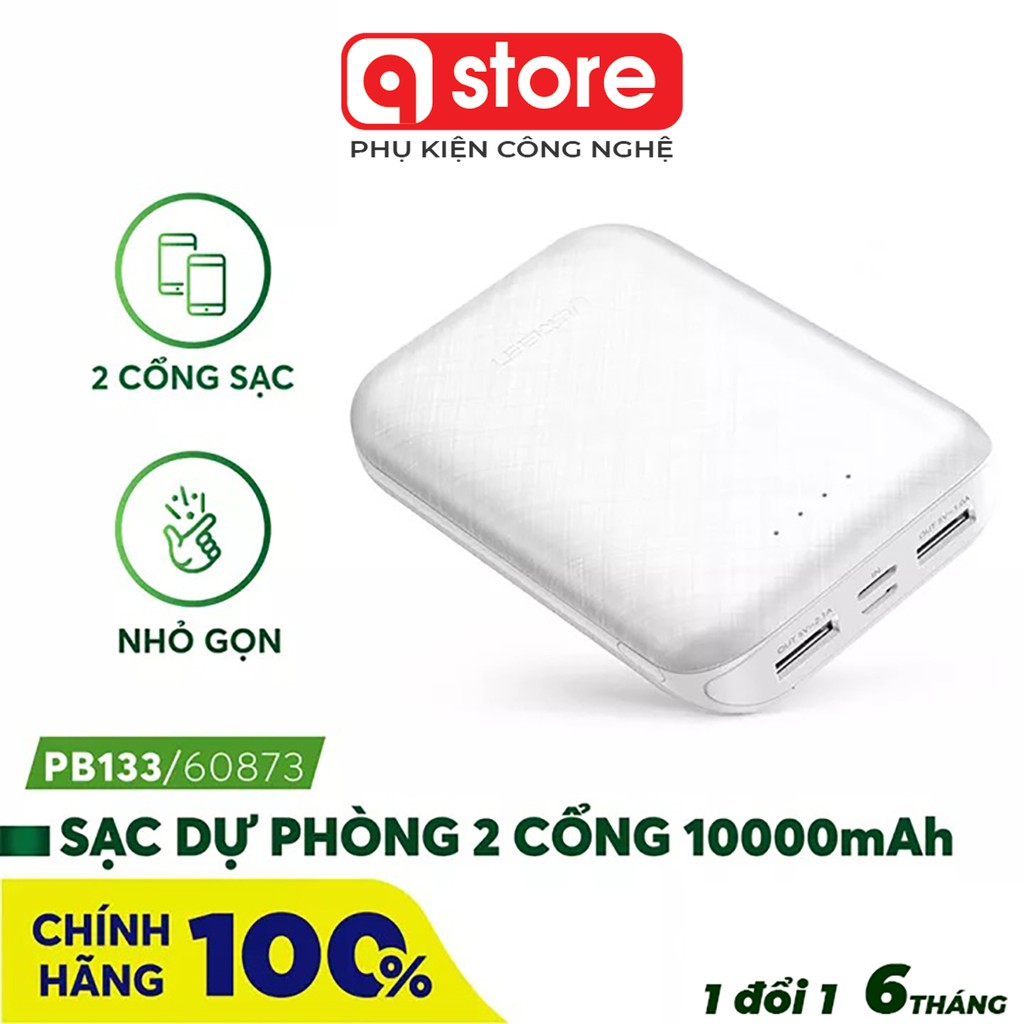 Sạc dự phòng Ugreen Chính Hãng 10.000mAh, Nhỏ gọn, 2 cổng sạc nhanh USB