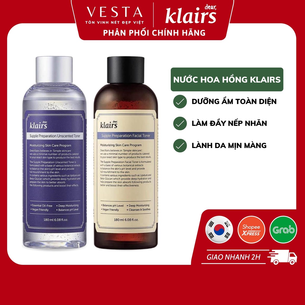 Nước Hoa Hồng Dear Klairs Supple Preparation Unscented Toner 180ml