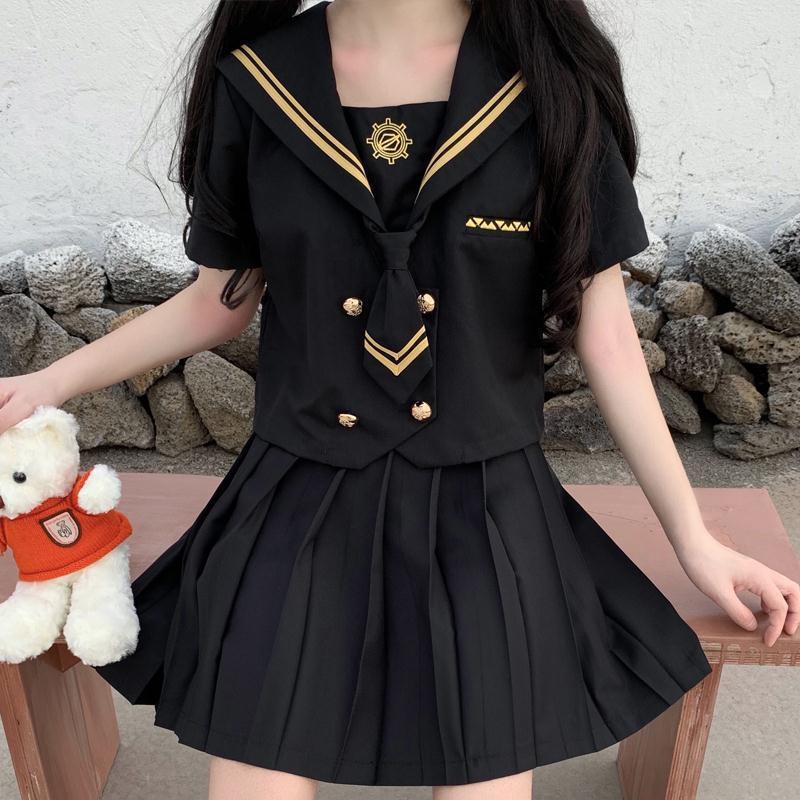 Bộ Đồng Phục Học Sinh Gồm Áo Cổ Thủy Thủ + Chân Váy Xếp Ly Kẻ Sọc Caro Phong Cách Goth JK