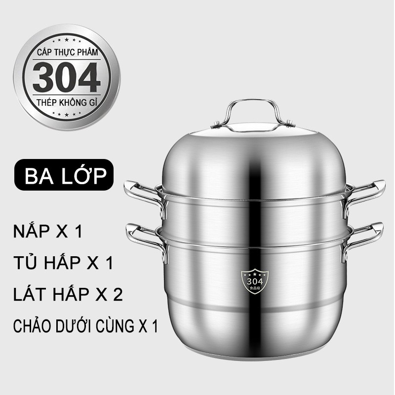 Nồi hấp inox  304 dày ba lớp gia dụng Tủ lớn 3 28cm bếp từ dùng gas phổ thông  -GM-4