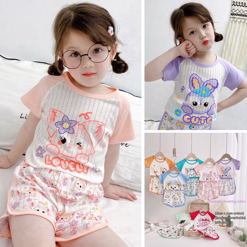Bộ Đồ Mặc Nhà 2 Món Tay Ngắn In Hoạt Hình Thời Trang Mùa Hè Cho Bé