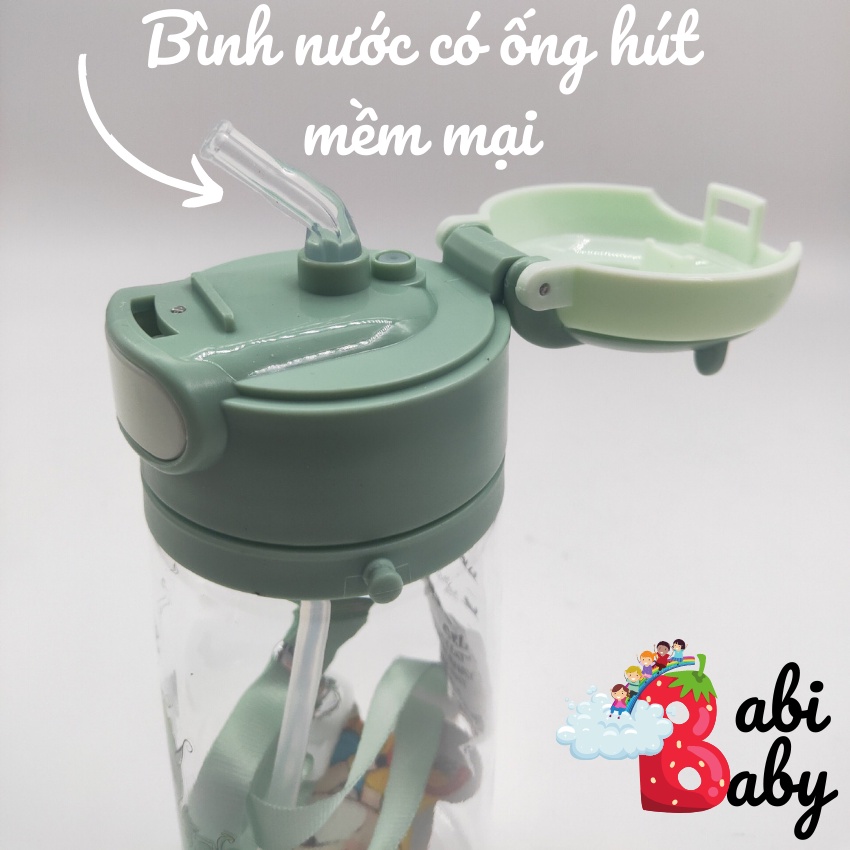 Bình nước học sinh 550ml chịu nhiệt nắp bật có dây đeo tiện dụng an toàn cho bé đi học nhiều hình đáng yêu