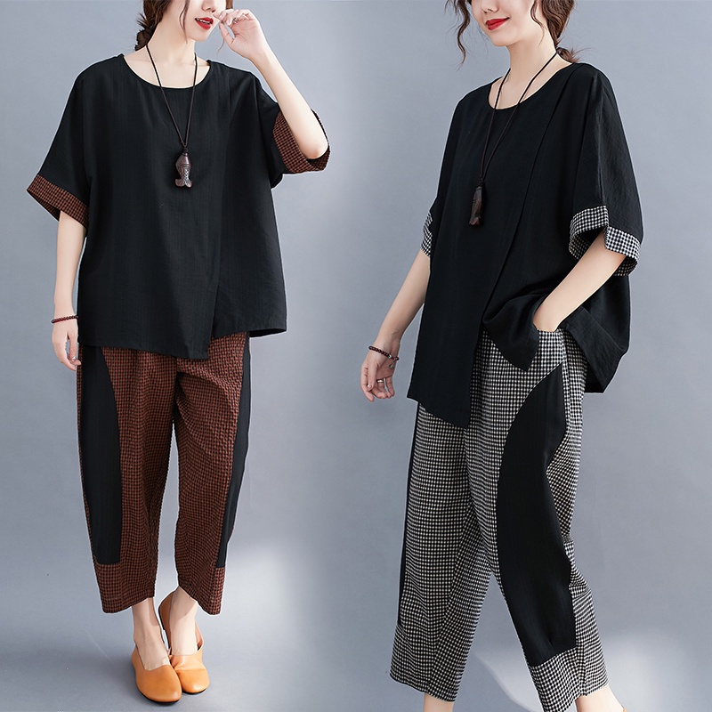 G71 bộ đồ big size freesize thoải mái rộng rãi phong cách đen phối kẻ caro thời trang