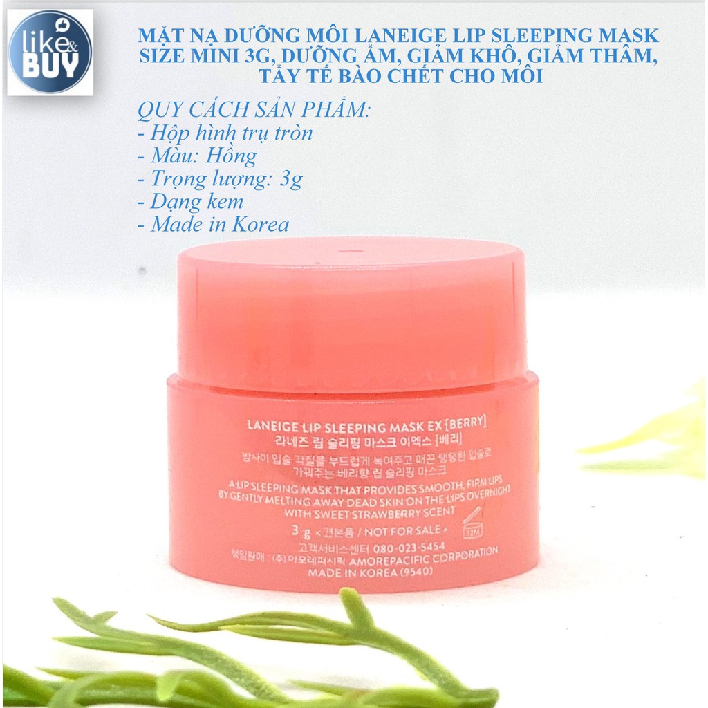 Mặt nạ dưỡng môi Laneige Lip Sleeping Mask size mini 3g hàng Hàn Quốc. Dưỡng ẩm, giảm khô, giảm thâm môi tẩy tế bào chết