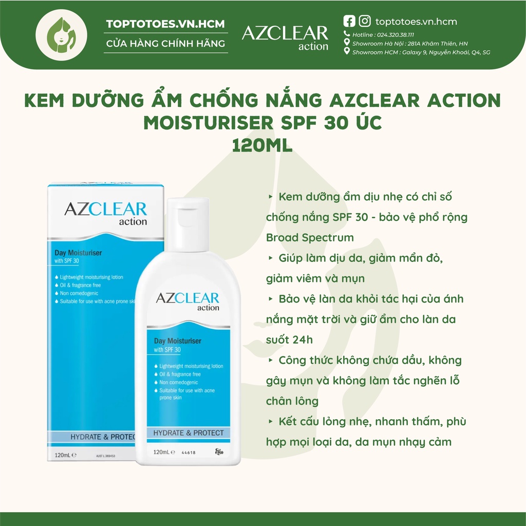 Kem dưỡng ẩm chống nắng Úc Azclear Action Moisturiser SPF 30 dưỡng ẩm, làm dịu, giảm viêm, chống nắng