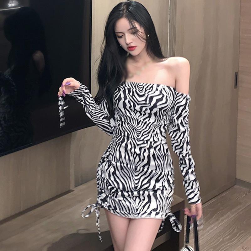 Đầm tay dài ôm dáng họa tiết ngựa vằn đáng yêu phong cách Hàn Quốc Nữ Váy chân váy