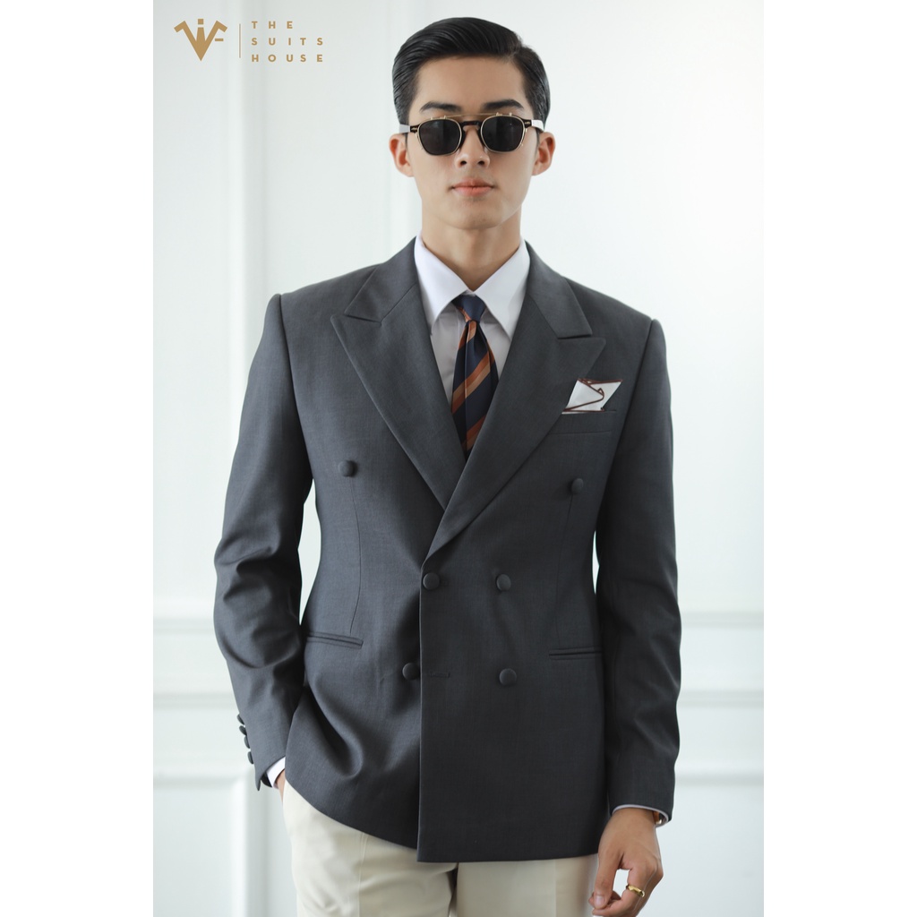 Bộ Vest nam áo Blazer Vest Suit quần tây phối xám trắng kem 2 túi 6 khuy, satorial, chất WOOL - THE SUITS HOUSE