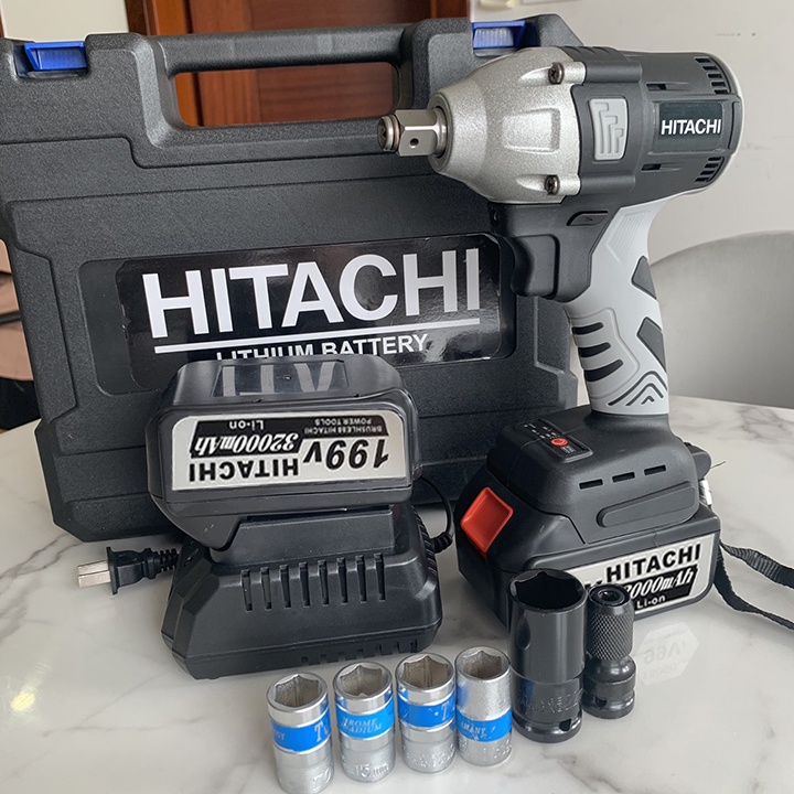 Máy Siết Bulong HITACHI 199V - TẶNG 6 Đầu Khẩu - Không Chổi Than Đầu rỗng Bắt vít Khoan - Pin 10 Cell - Made in Malaysia