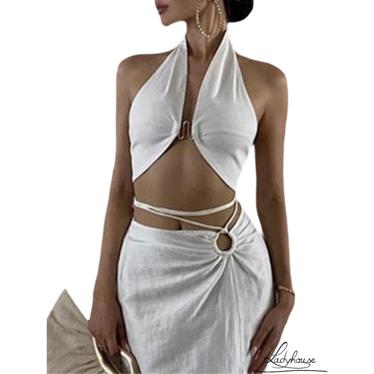 Áo Croptop Hai Dây Cổ Chữ V Sâu Màu Trơn Có Móc Cài Dành Cho Nữ