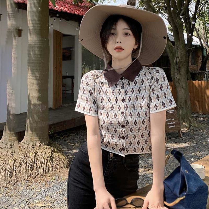 Áo Dệt Kim Ngắn Tay Họa Tiết Hình Thoi Phong Cách Retro Thời Trang Mùa Hè Cho Nữ