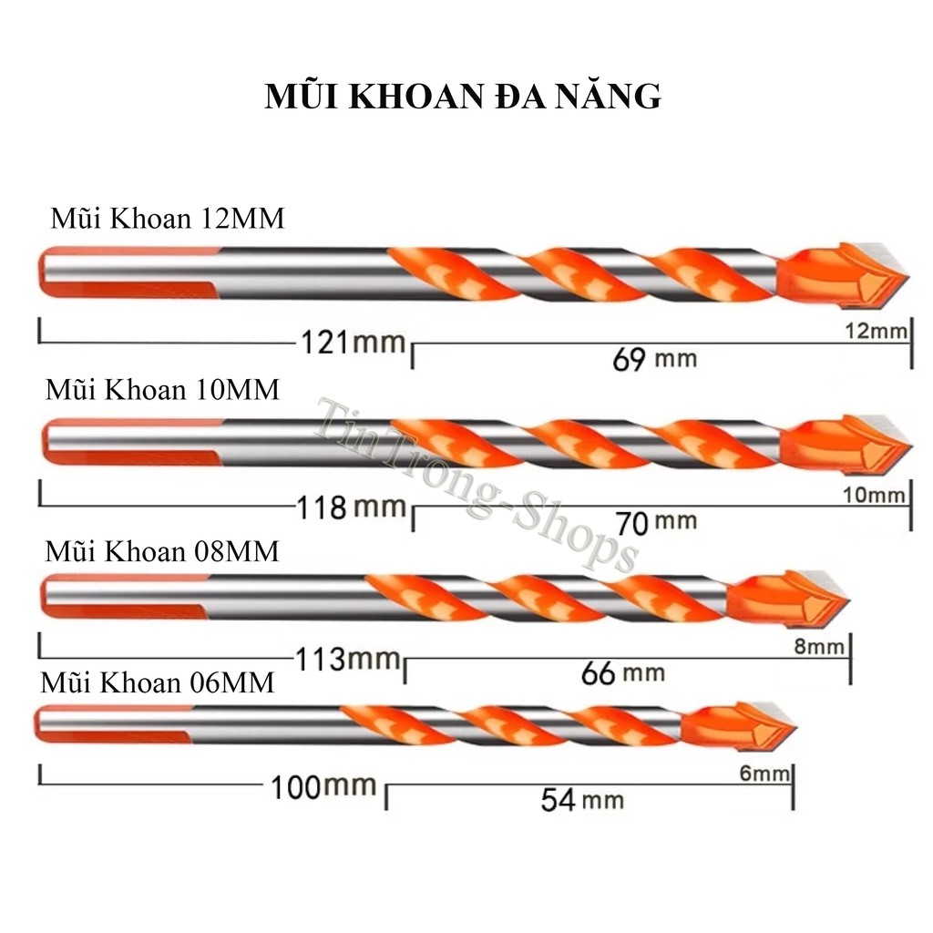 Mũi khoan đa năng , 6mm, 8mm, 10mm, 12mm thích hợp cho mọi vật liệu.