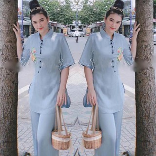 Đồ Lam Đi Chùa # đồ phật tử lụa thêu máy cao cấp cổ tàu
