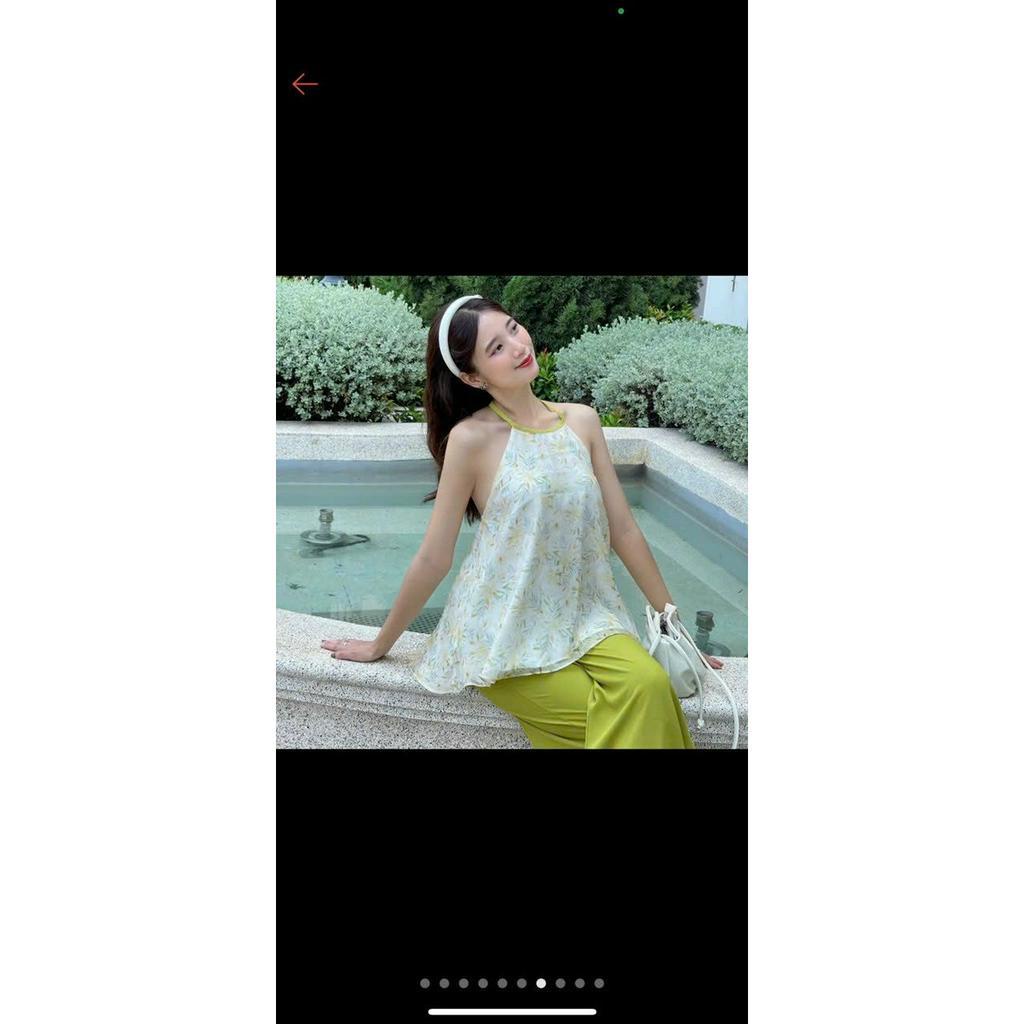 Set bộ nữ chất voan in họa tiết xinh xắn áo cổ yếm xòe hở lưng quyến rũ kèm quần suông dài siêu xinh