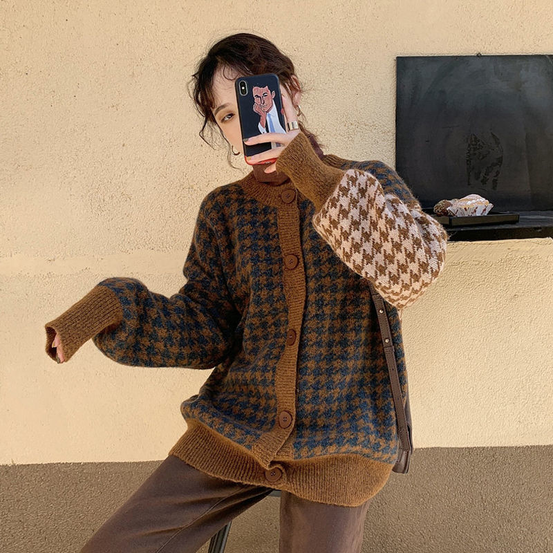 Áo khoác cardigan dệt kim dáng rộng phong cách retro Hàn Quốc thời trang cho nữ