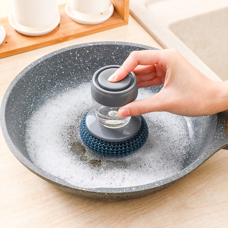 Dụng Cụ Rửa Chén Có Tay Cầm Tiện Lợi, bùi nhùi chà nồi thông minh tay cầm tích hôp ống đựng nước rửa giúp chà sạch hơn