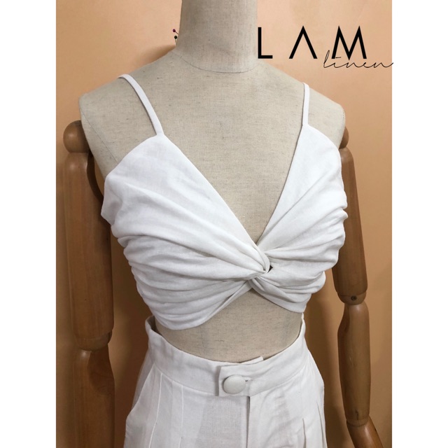 Set croptop xoắn + quần short Linen