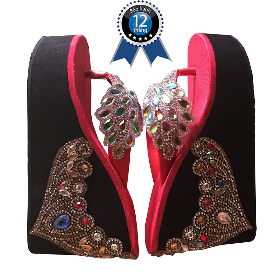 Dép kẹp chim công dán gót vươn miện màu đỏ cao 10cm