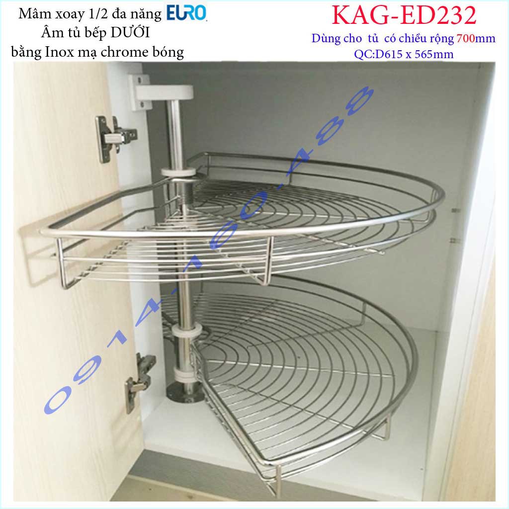 Kệ bán nguyệt Euro KAG-ED232- 2 tầng, mâm xoay inox 1.2, kệ góc tủ bếp dưới inox tròn thiết kế đẹp tiết kiệm không gian