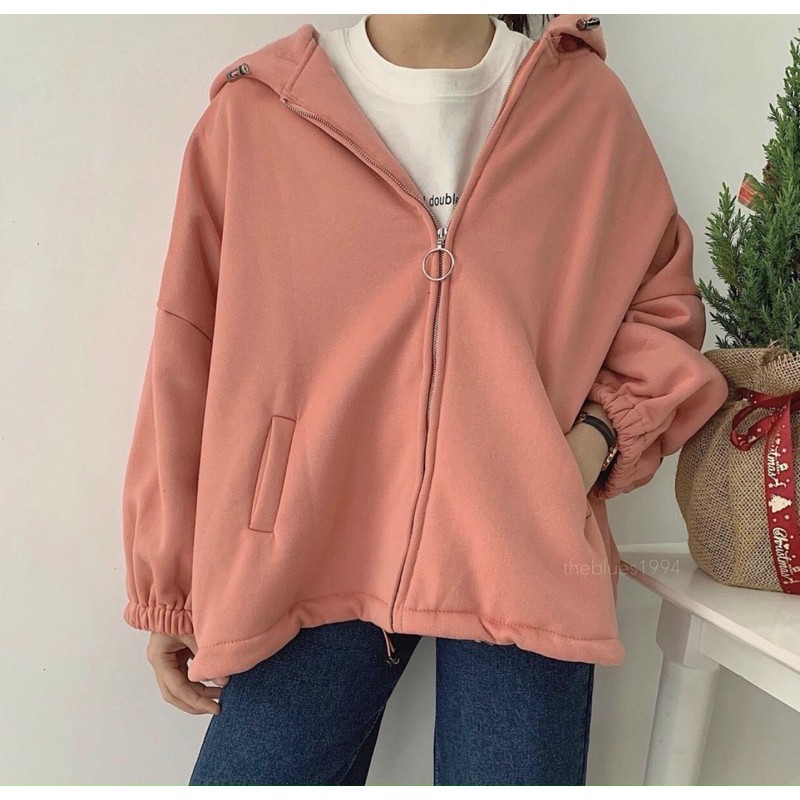Áo khoác nỉ jacket có nón màu pastel form rộng - T0NC5P