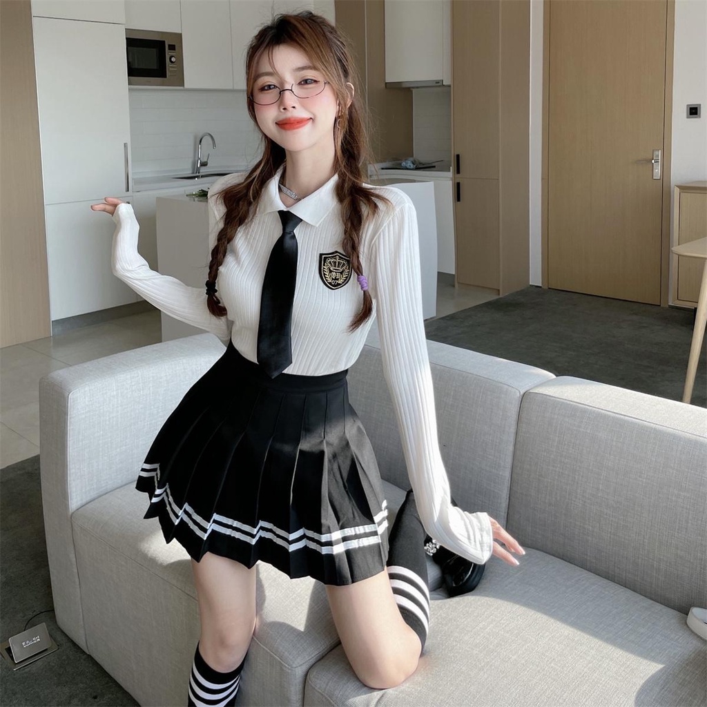 Jiashucheng Bộ Đồng Phục Nữ Sinh Gồm Áo POLO Ngắn Tay Và Chân Váy Xếp Ly Phối Cà Vạt Phong Cách Preppy Anh Quốc