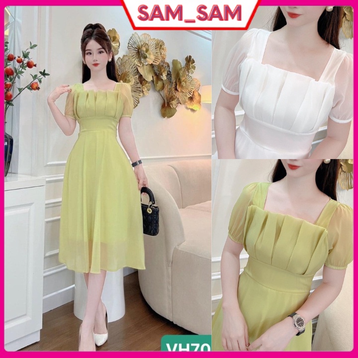 Váy thiết kế cổ vuông ngực xếp chất tơ lụa mềm mại cho các nàng sam_sam_shop_1011