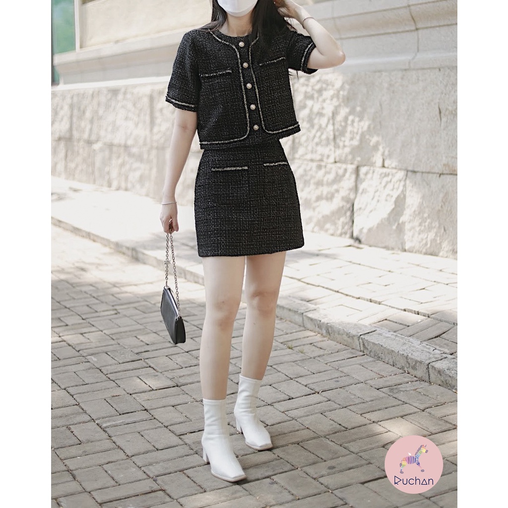 Set suit vải tweed đen chân váy và áo tay ngắn RUCHAN