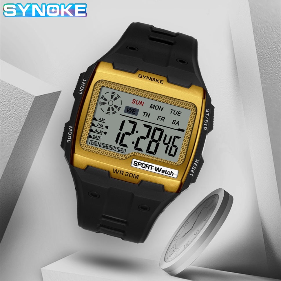 Đồng hồ nam SYNOKE Đồng hồ báo thức mặt vuông lớn Đồng hồ báo thức Tuần kháng ba Ask Chronograph Đồng hồ thể thao kỹ thuật số đa chức năng
