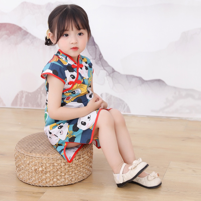 SANITKUN Đầm sườn xám in hoa phong cách Trung Hoa xinh xắn cho bé gái
