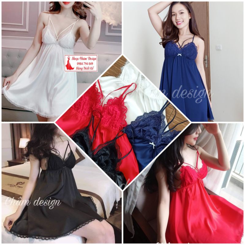 váy ngủ lụa satin 2 dây chéo ngực các màu, hàng thiết kế độc quyền