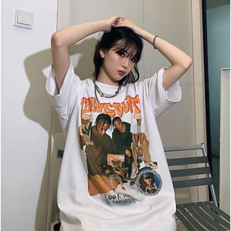 Áo Thun Tay Lỡ Nữ TRAVIS SCOOT Form rộng Ovesize Áo Thun Cổ Tròn Unisex