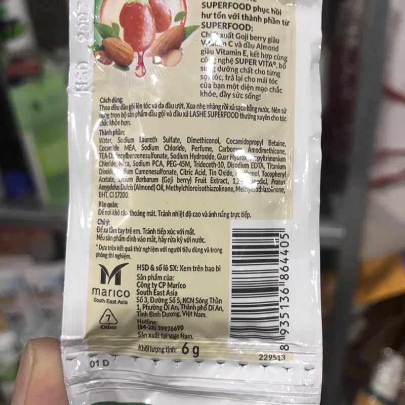 1 Dây Dầu gội Lashe Superfood Phục Hồi Hư Tổn chứa Chiết Xuất Kỷ Tử và Dầu Hạnh Nhân 6g/12 gói