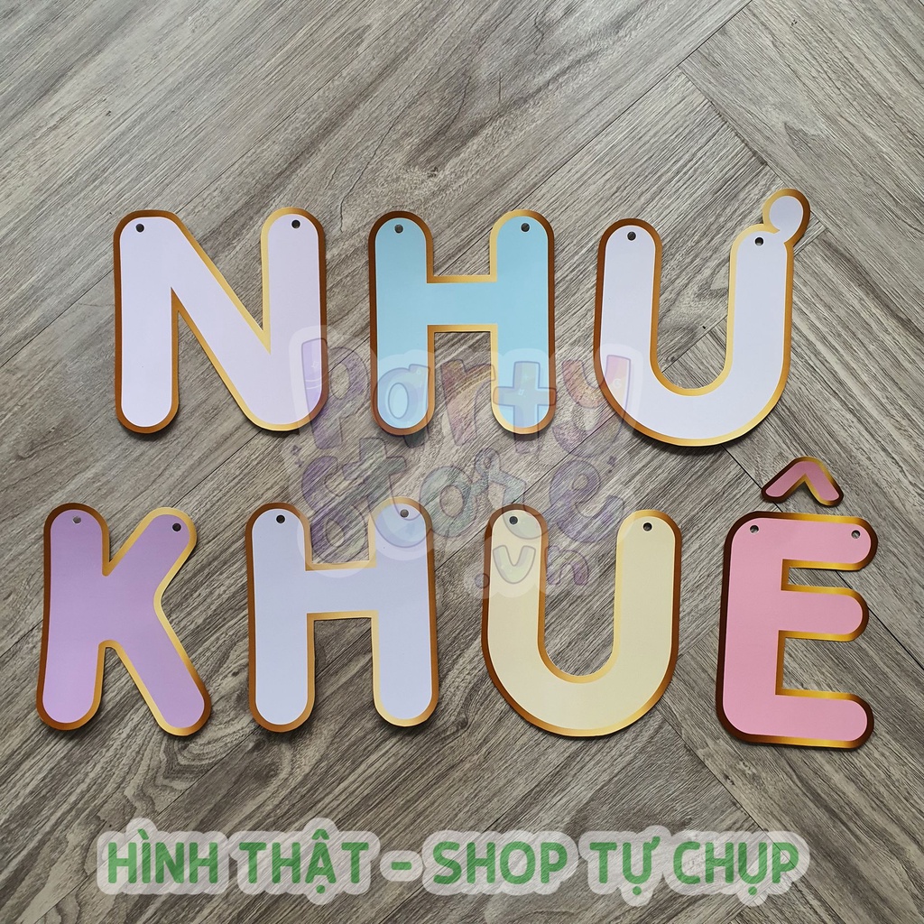 Chữ cái / số ghép tên bé màu Pastel viền vàng, chữ có dấu, hàng thiết kế độc đáo riêng Party Store VN