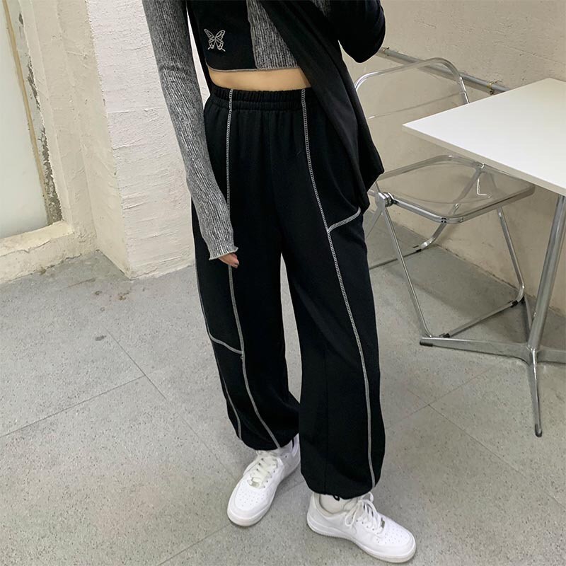 Quần jogger ống rộng cạp cao họa tiết viền chỉ trắng dáng suông phong cách ulzzang_ranstore | BigBuy360 - bigbuy360.vn