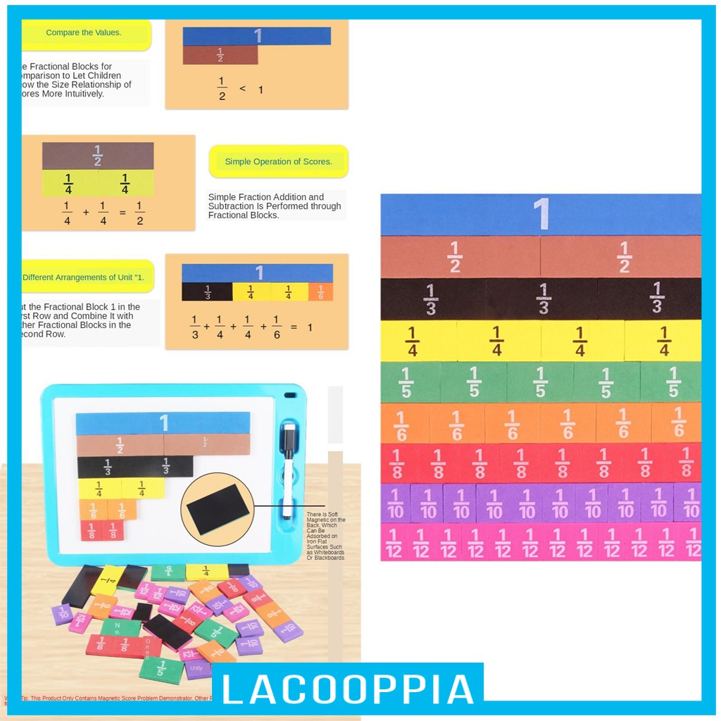 [LACOOPPIA] 51 Pieces Learning Resources Double-sided Magnetic Fraction Squares