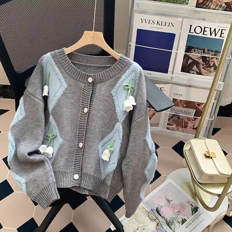 Áo Khoác Cardigan Dệt Kim Thủ Công Dáng Ngắn Họa Tiết Hoa Lily Nhỏ Cho Nữ