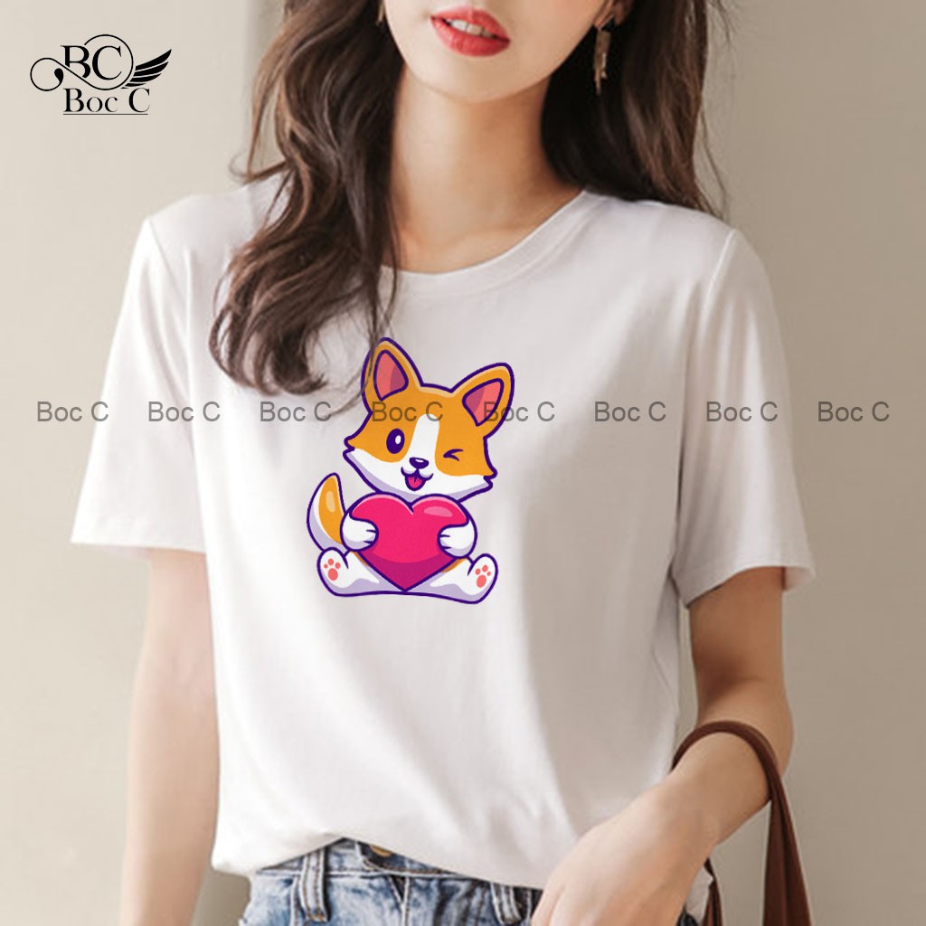 Áo phông nữ mùa hè đi biển mặc nhà đồ đôi chất cotton siêu cute Bocc áo thun tay ngắn vải mát in hình đẹp MÈO TIM - Z36